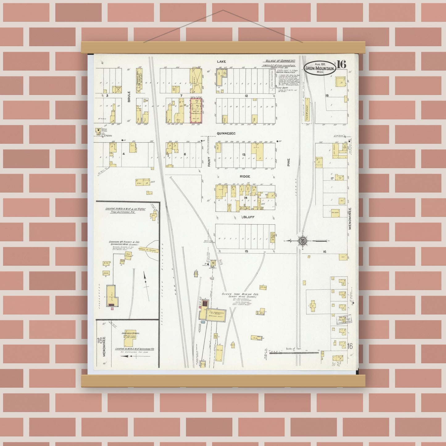 Old map wall art mockup — magnetic wood frame on brick wall — Sanborn Fire Insurance Map from Iron Mountain, Dickinson County, Michigan (1911), Sheet #0016