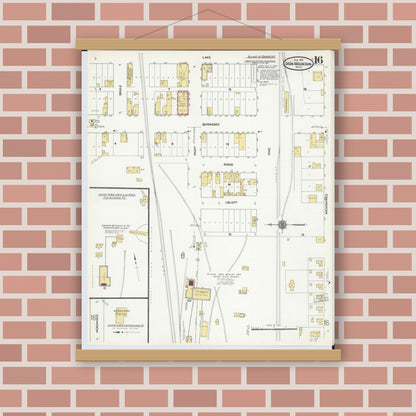 Old map wall art mockup — magnetic wood frame on brick wall — Sanborn Fire Insurance Map from Iron Mountain, Dickinson County, Michigan (1911), Sheet #0016