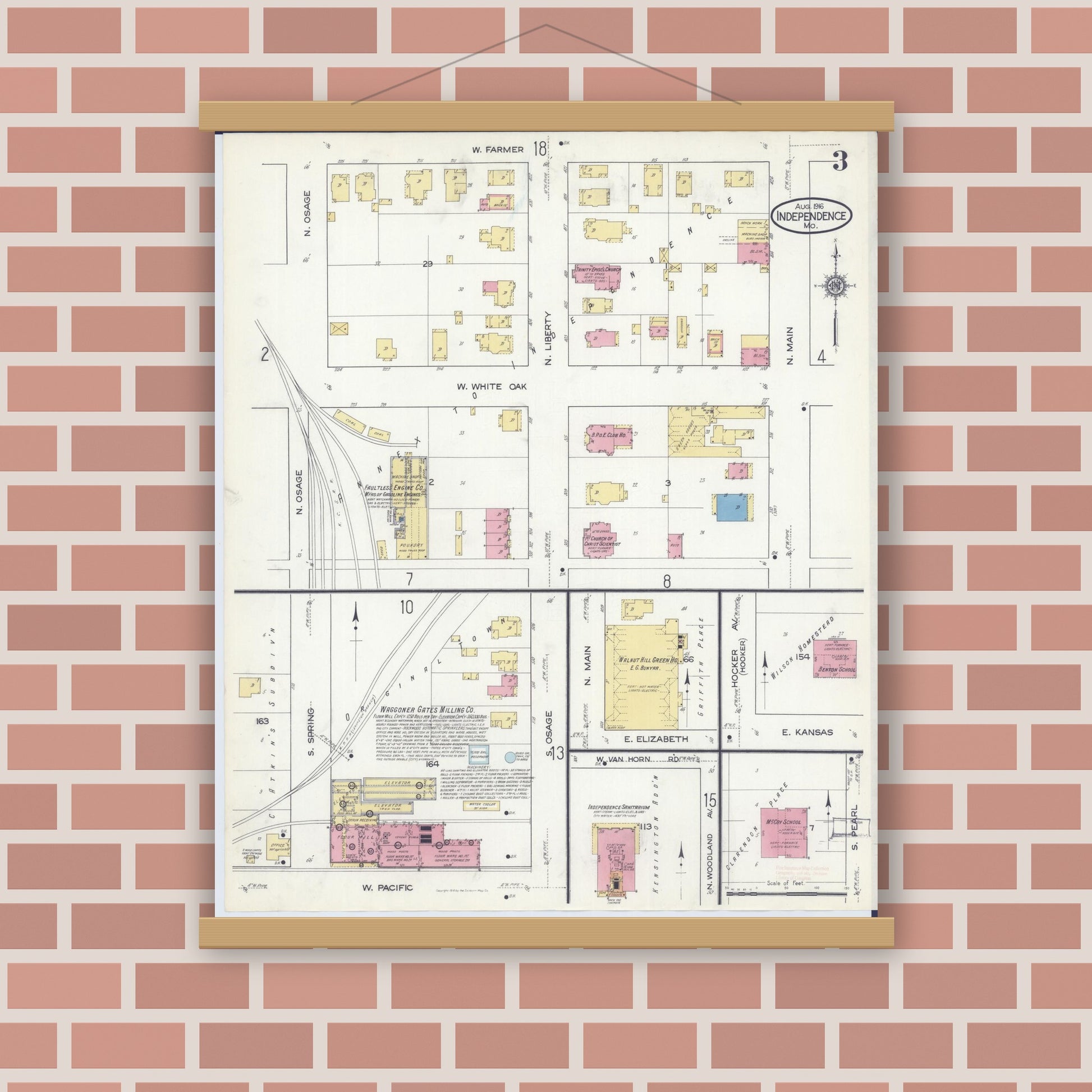 Old map wall art mockup — magnetic wood frame on brick wall — Sanborn Fire Insurance Map from Independence, Jackson County, Missouri (1916), Sheet #0003
