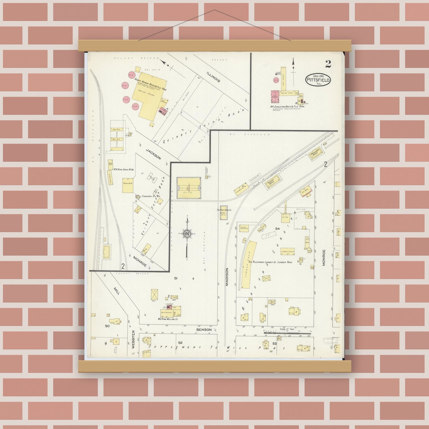 Old map wall art mockup — magnetic wood frame on brick wall — Sanborn Fire Insurance Map from Pittsfield, Pike County, Illinois (1913), Sheet #0002