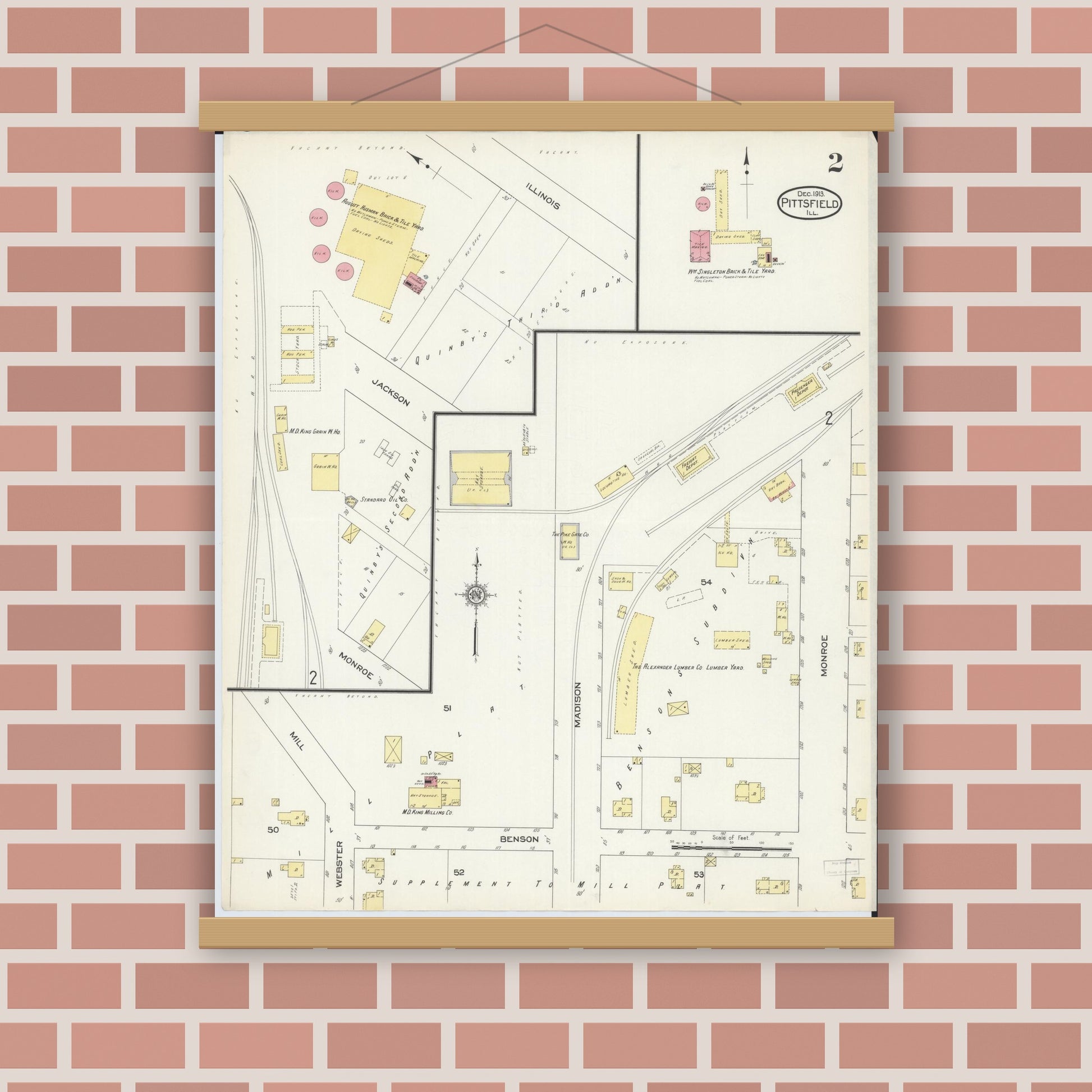 Old map wall art mockup — magnetic wood frame on brick wall — Sanborn Fire Insurance Map from Pittsfield, Pike County, Illinois (1913), Sheet #0002