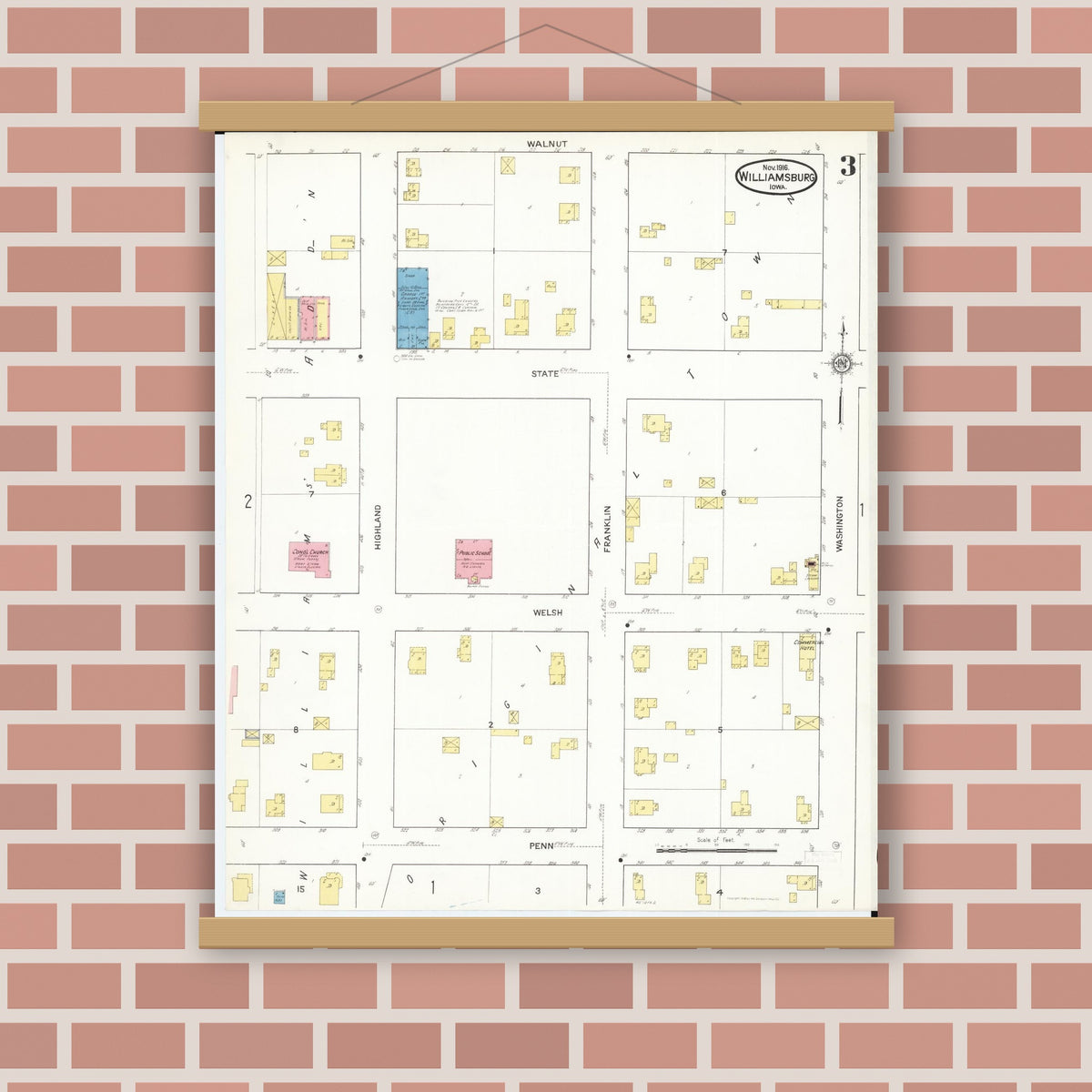 Old map wall art mockup — magnetic wood frame on brick wall — Sanborn Fire Insurance Map from Williamsburg, Iowa County, Iowa (1916), Sheet #0003