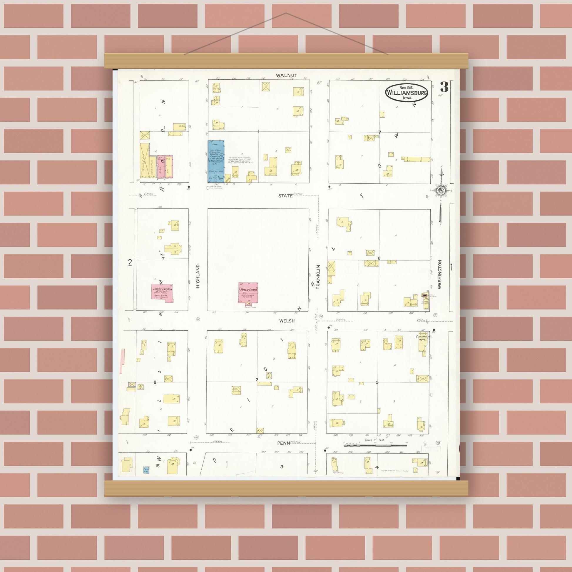 Old map wall art mockup — magnetic wood frame on brick wall — Sanborn Fire Insurance Map from Williamsburg, Iowa County, Iowa (1916), Sheet #0003