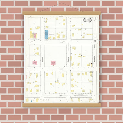 Old map wall art mockup — magnetic wood frame on brick wall — Sanborn Fire Insurance Map from Williamsburg, Iowa County, Iowa (1916), Sheet #0003