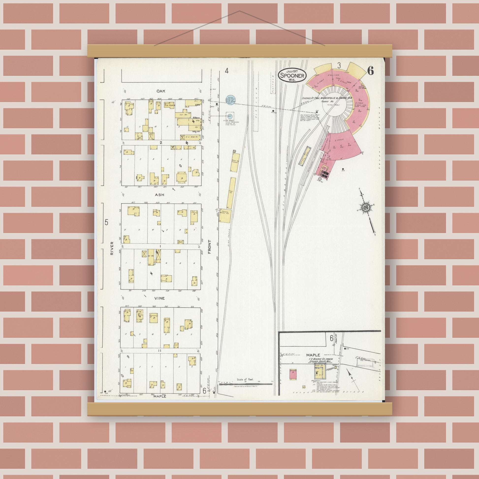 Old map wall art mockup — magnetic wood frame on brick wall — Sanborn Fire Insurance Map from Spooner, Washburn County, Wisconsin (1917), Sheet #0006
