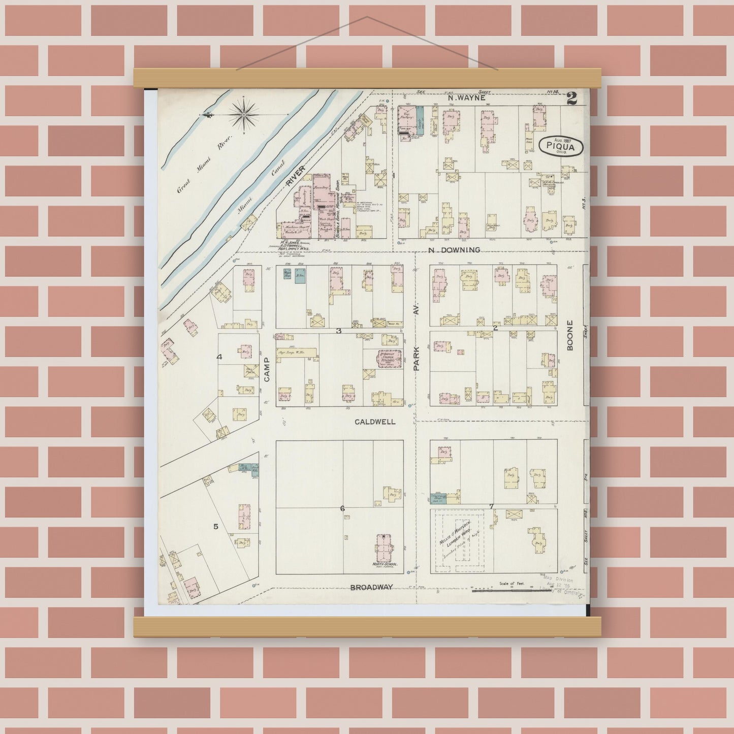 Old map wall art mockup — magnetic wood frame on brick wall — Sanborn Fire Insurance Map from Piqua, Miami County, Ohio (1887), Sheet #0002