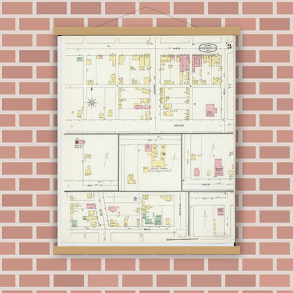 Old map wall art mockup — magnetic wood frame on brick wall — Sanborn Fire Insurance Map from Louisville, Stark County, Ohio (1895), Sheet #0003