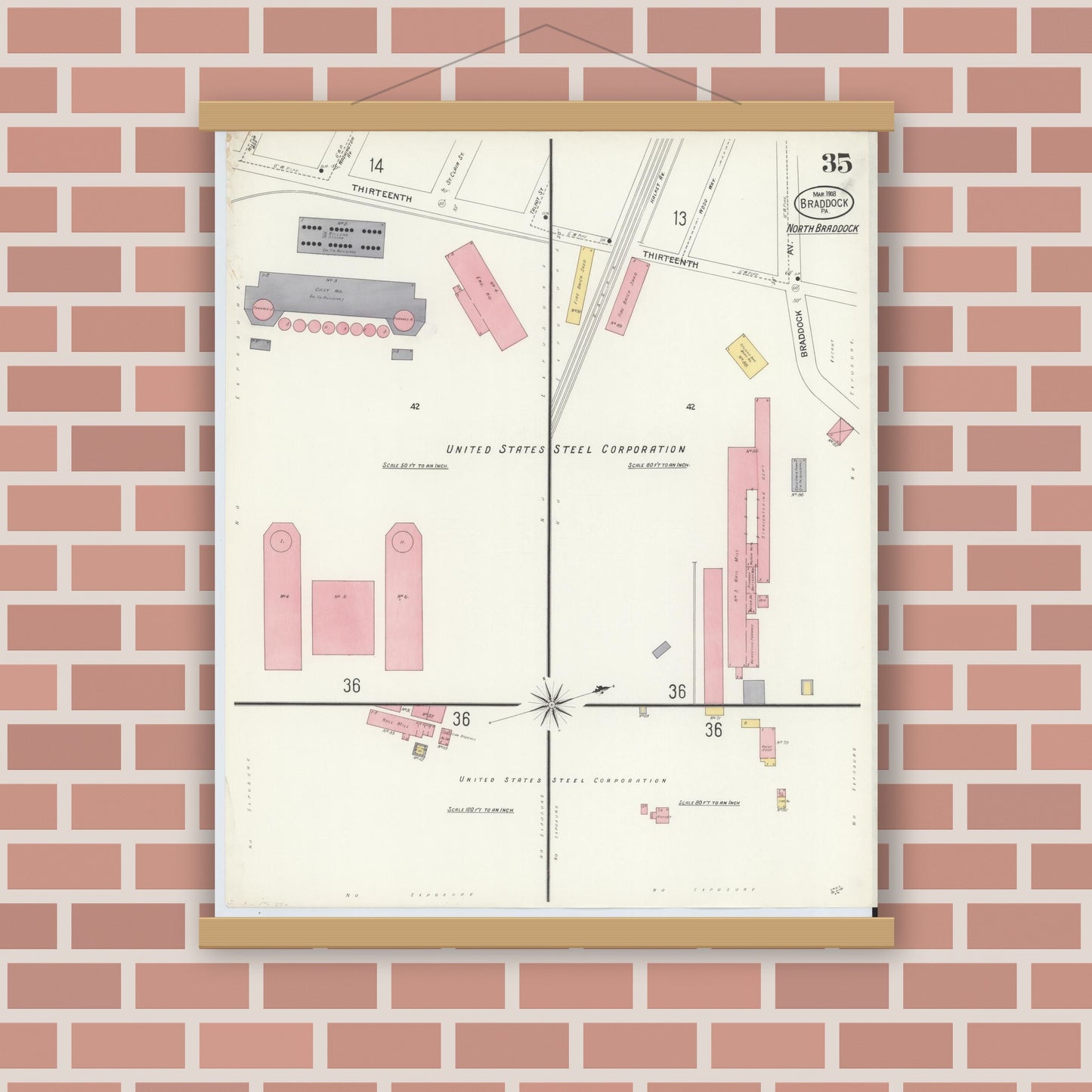 Old map wall art mockup — magnetic wood frame on brick wall — Sanborn Fire Insurance Map from Braddock, Allegheny County, Pennsylvania (1908), Sheet #0035