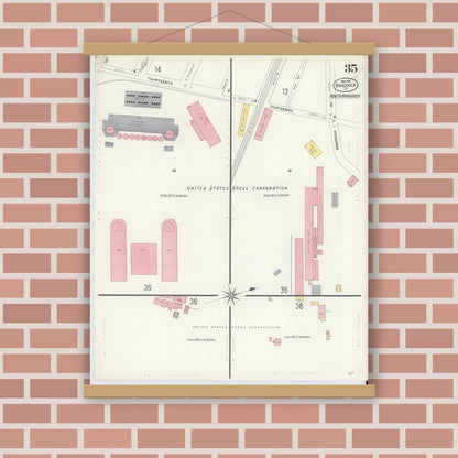 Old map wall art mockup — magnetic wood frame on brick wall — Sanborn Fire Insurance Map from Braddock, Allegheny County, Pennsylvania (1908), Sheet #0035