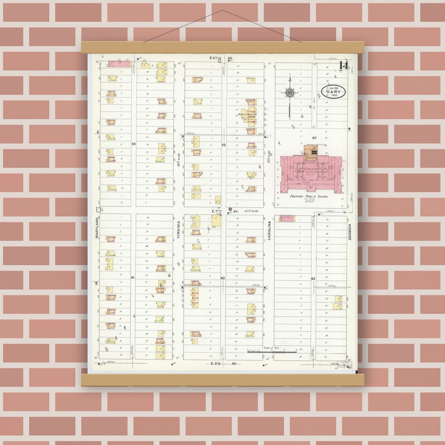 Old map wall art mockup — magnetic wood frame on brick wall — Sanborn Fire Insurance Map from Gary, Lake County, Indiana (1911), Sheet #0014
