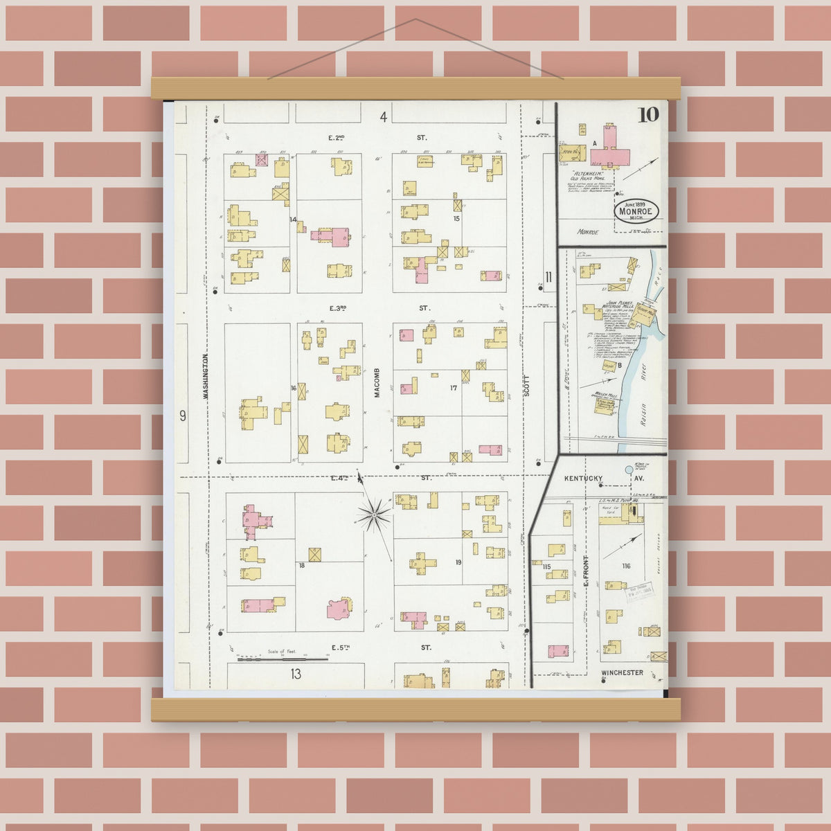 Old map wall art mockup — magnetic wood frame on brick wall — Sanborn Fire Insurance Map from Monroe, Monroe County, Michigan (1899), Sheet #0010