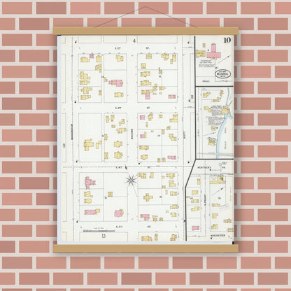 Old map wall art mockup — magnetic wood frame on brick wall — Sanborn Fire Insurance Map from Monroe, Monroe County, Michigan (1899), Sheet #0010