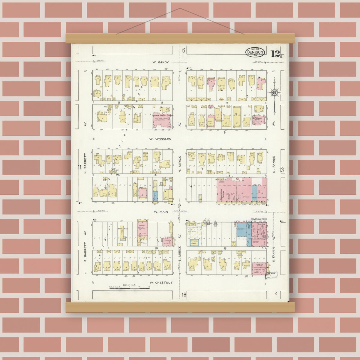 Old map wall art mockup — magnetic wood frame on brick wall — Sanborn Fire Insurance Map from Denison, Grayson County, Texas (1914), Sheet #0012