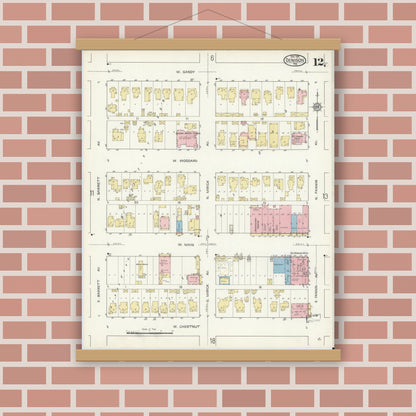 Old map wall art mockup — magnetic wood frame on brick wall — Sanborn Fire Insurance Map from Denison, Grayson County, Texas (1914), Sheet #0012