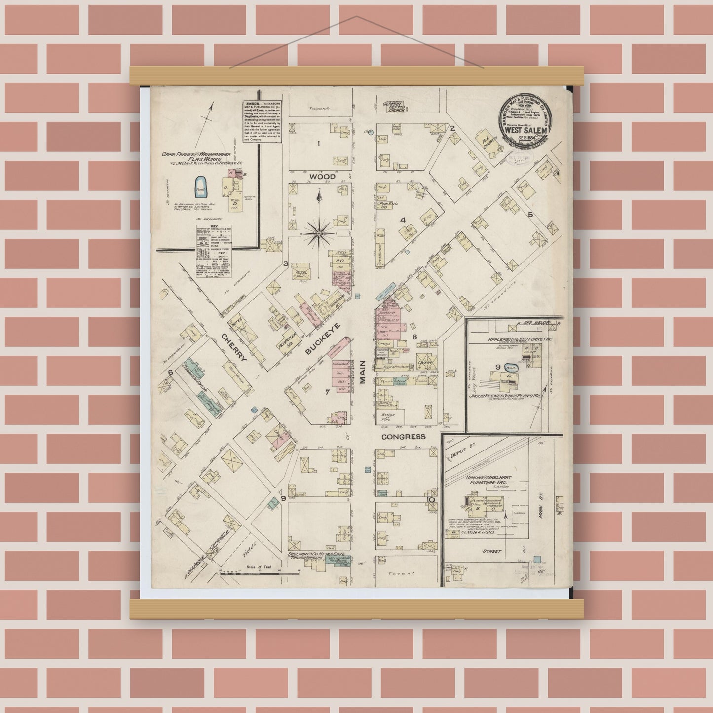Old map wall art mockup — magnetic wood frame on brick wall — Sanborn Fire Insurance Map from West Salem, Wayne County, Ohio (1884), Sheet #0001