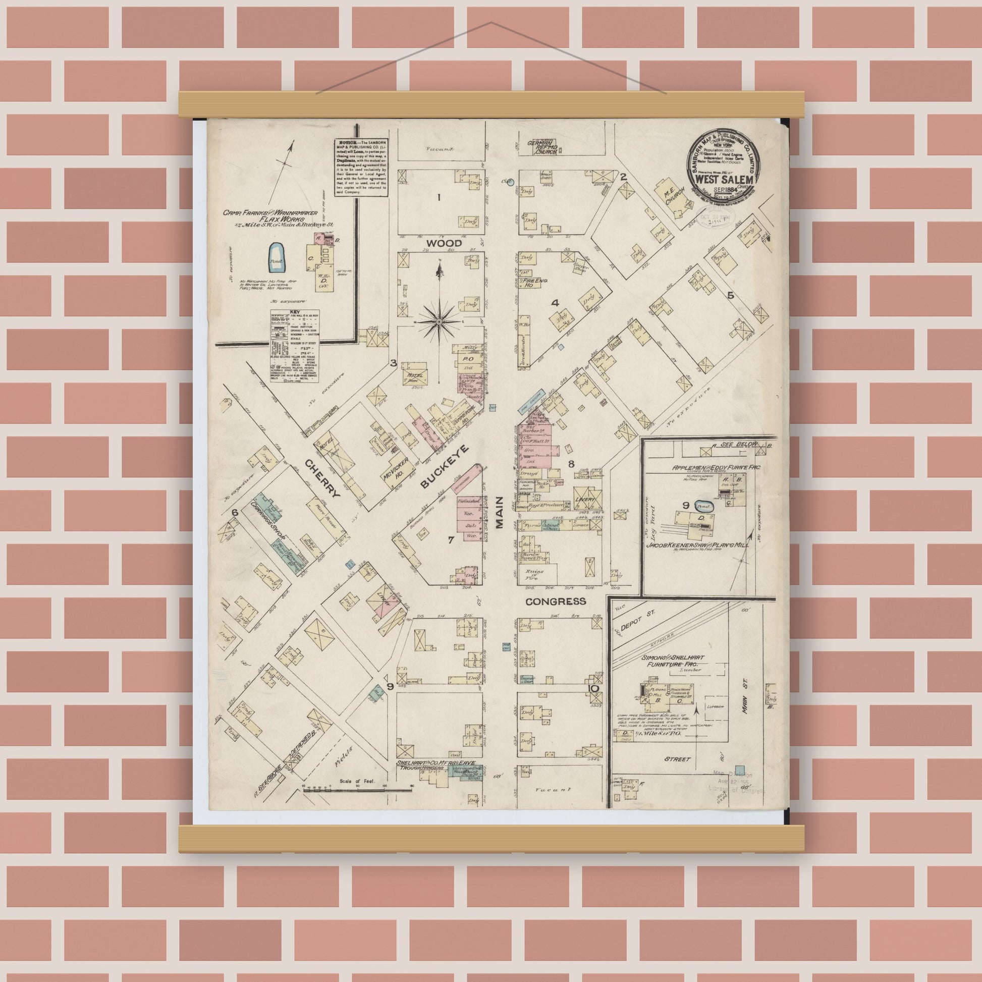 Old map wall art mockup — magnetic wood frame on brick wall — Sanborn Fire Insurance Map from West Salem, Wayne County, Ohio (1884), Sheet #0001