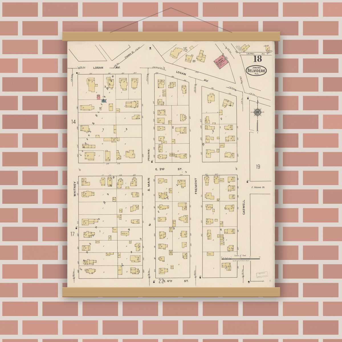 Old map wall art mockup — magnetic wood frame on brick wall — Sanborn Fire Insurance Map from Belvidere, Boone County, Illinois (1922), Sheet #0018