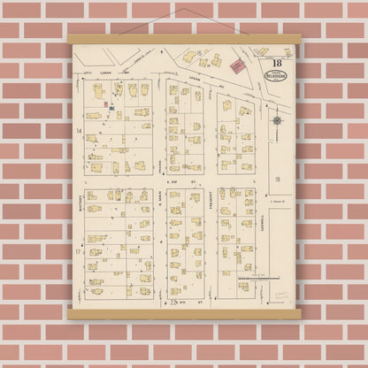 Old map wall art mockup — magnetic wood frame on brick wall — Sanborn Fire Insurance Map from Belvidere, Boone County, Illinois (1922), Sheet #0018