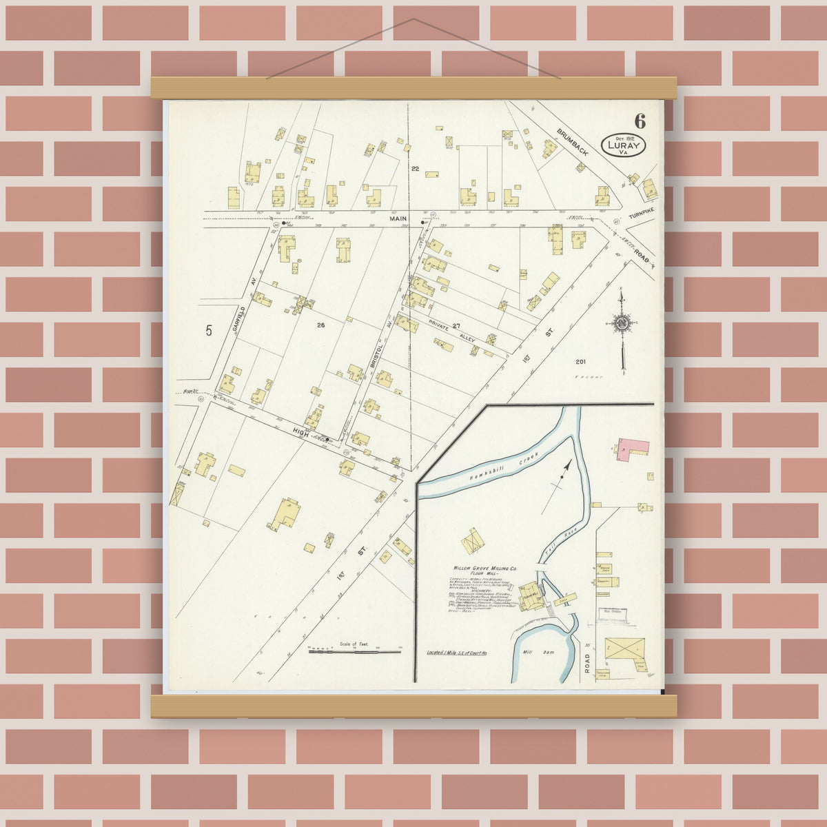 Old map wall art mockup — magnetic wood frame on brick wall — Sanborn Fire Insurance Map from Luray, Page County, Virginia (1912), Sheet #0006