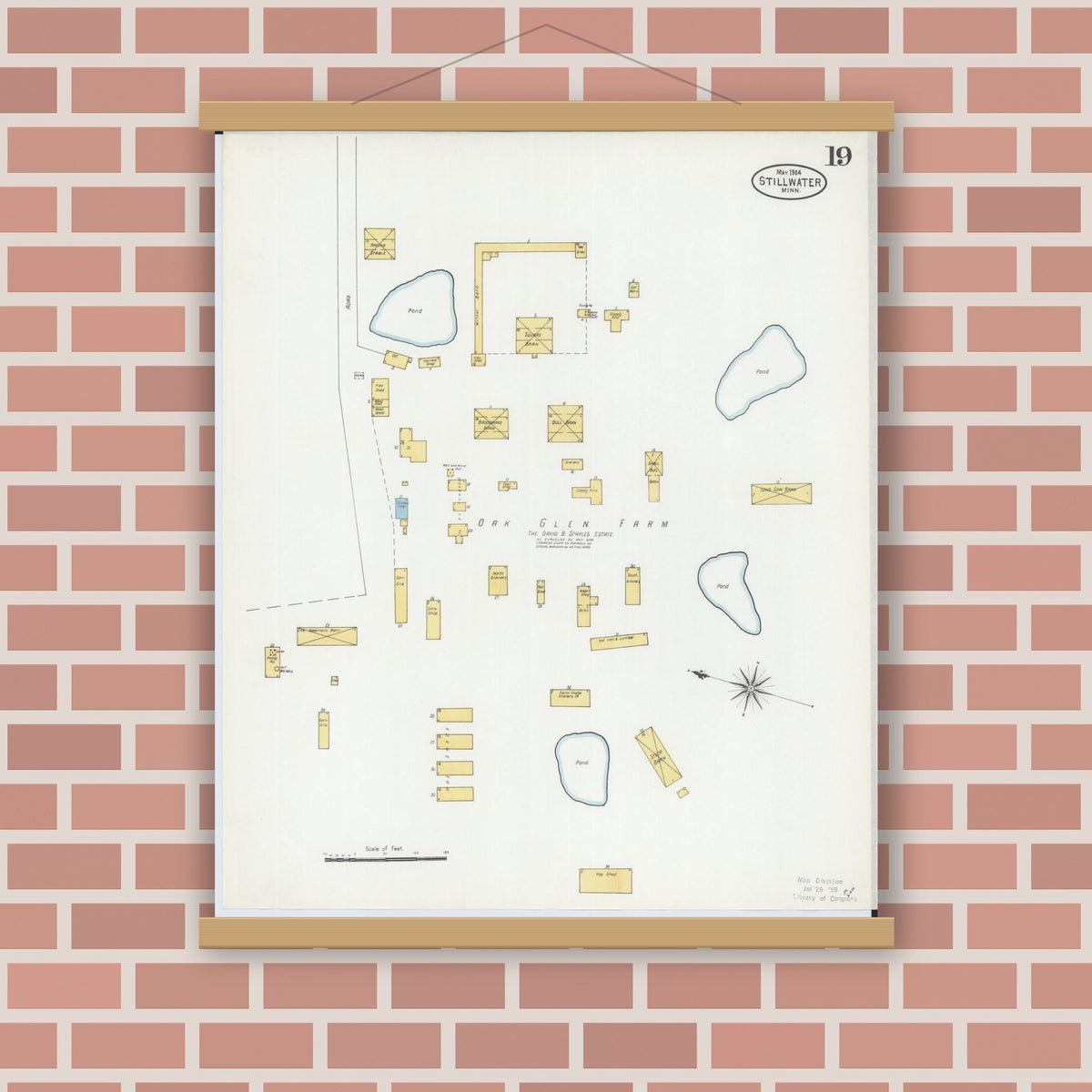Old map wall art mockup — magnetic wood frame on brick wall — Sanborn Fire Insurance Map from Stillwater, Washington County, Minnesota (1904), Sheet #0019