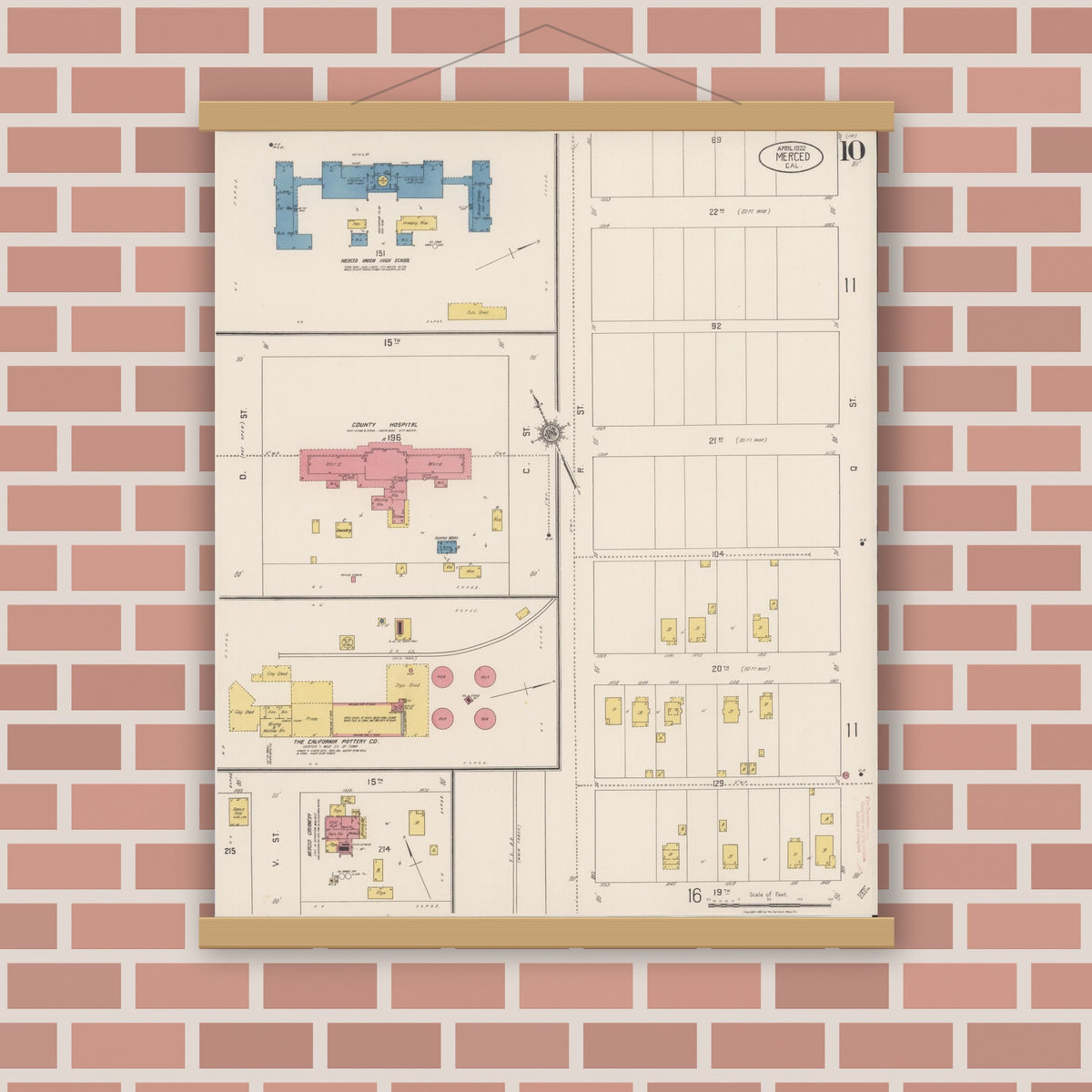 Old map wall art mockup — magnetic wood frame on brick wall — Sanborn Fire Insurance Map from Merced, Merced County, California (1922), Sheet #0010