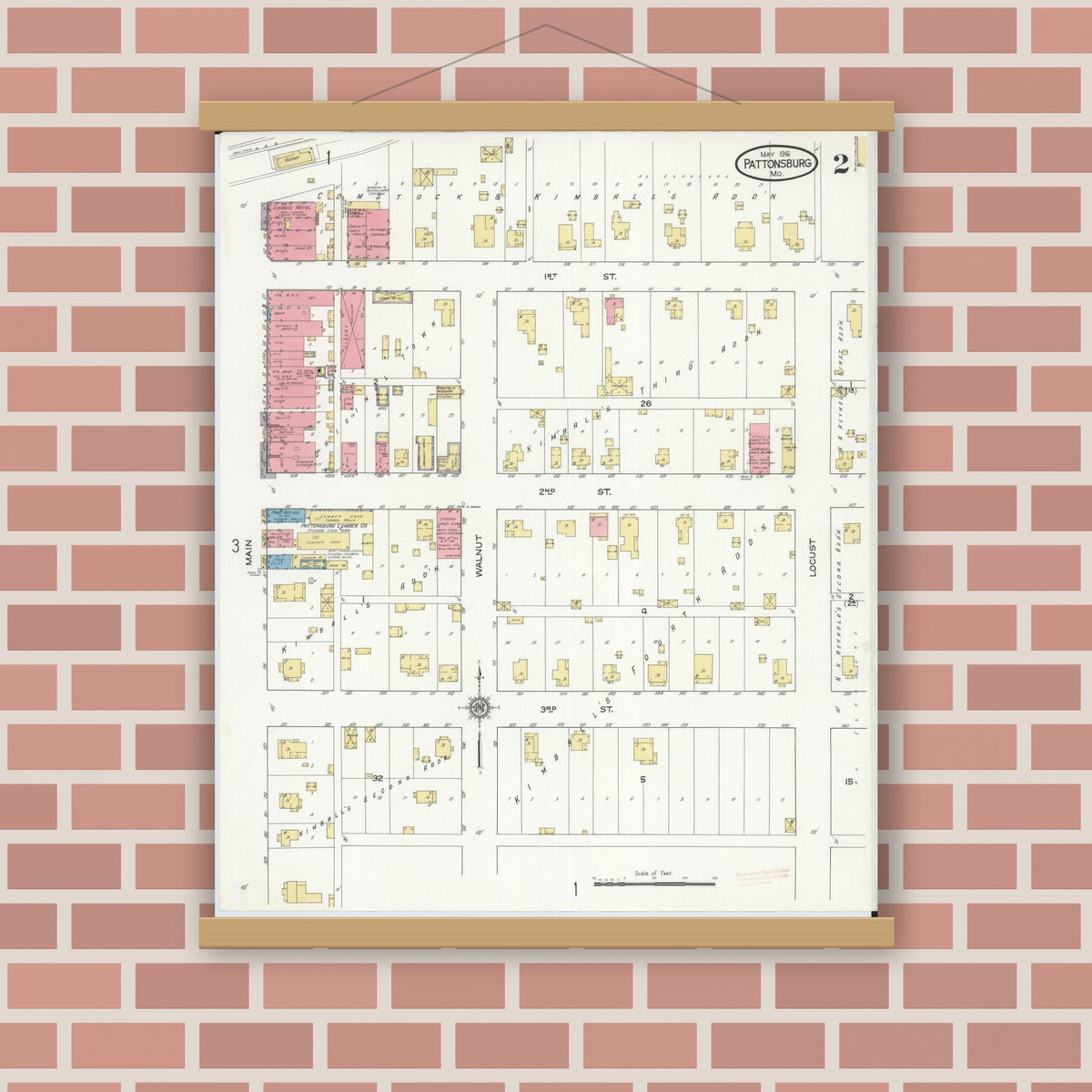 Old map wall art mockup — magnetic wood frame on brick wall — Sanborn Fire Insurance Map from Pattonsburg, Daviess County, Missouri (1916), Sheet #0002