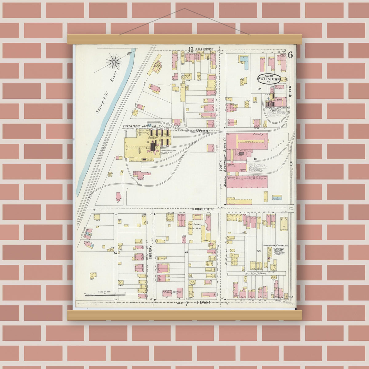 Old map wall art mockup — magnetic wood frame on brick wall — Sanborn Fire Insurance Map from Pottstown, Montgomery County, Pennsylvania (1896), Sheet #0006