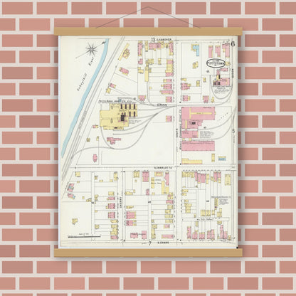 Old map wall art mockup — magnetic wood frame on brick wall — Sanborn Fire Insurance Map from Pottstown, Montgomery County, Pennsylvania (1896), Sheet #0006