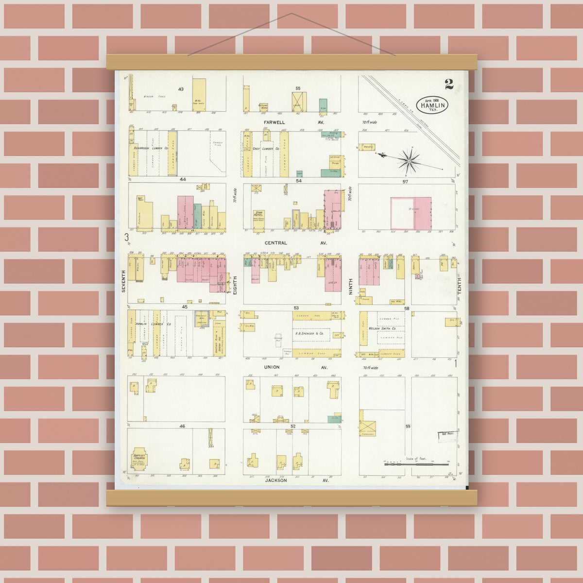 Old map wall art mockup — magnetic wood frame on brick wall — Sanborn Fire Insurance Map from Hamlin, Jones County, Texas (1908), Sheet #0002