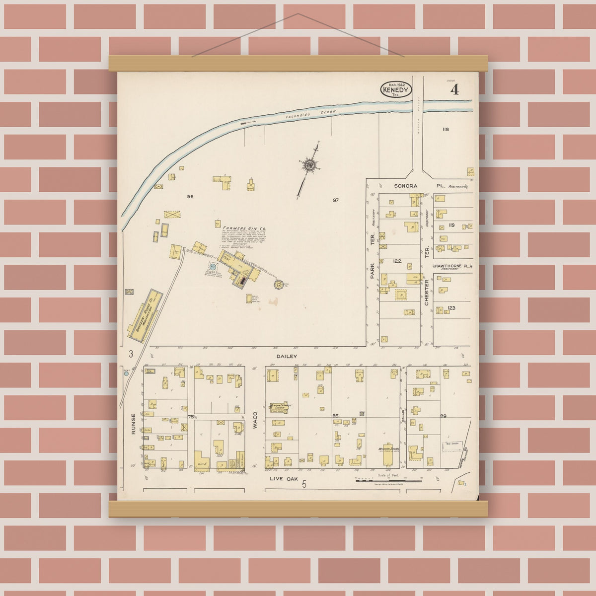 Old map wall art mockup — magnetic wood frame on brick wall — Sanborn Fire Insurance Map from Kenedy, Karnes County, Texas (1922), Sheet #0004