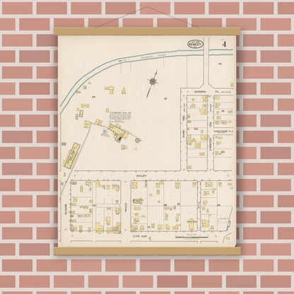Old map wall art mockup — magnetic wood frame on brick wall — Sanborn Fire Insurance Map from Kenedy, Karnes County, Texas (1922), Sheet #0004