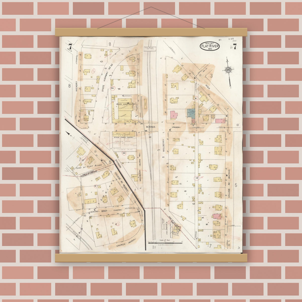 Old map wall art mockup — magnetic wood frame on brick wall — Sanborn Fire Insurance Map from Flat River, Saint Francois County, Missouri (1938), Sheet #0007