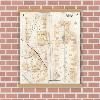 Old map wall art mockup — magnetic wood frame on brick wall — Sanborn Fire Insurance Map from Flat River, Saint Francois County, Missouri (1938), Sheet #0007