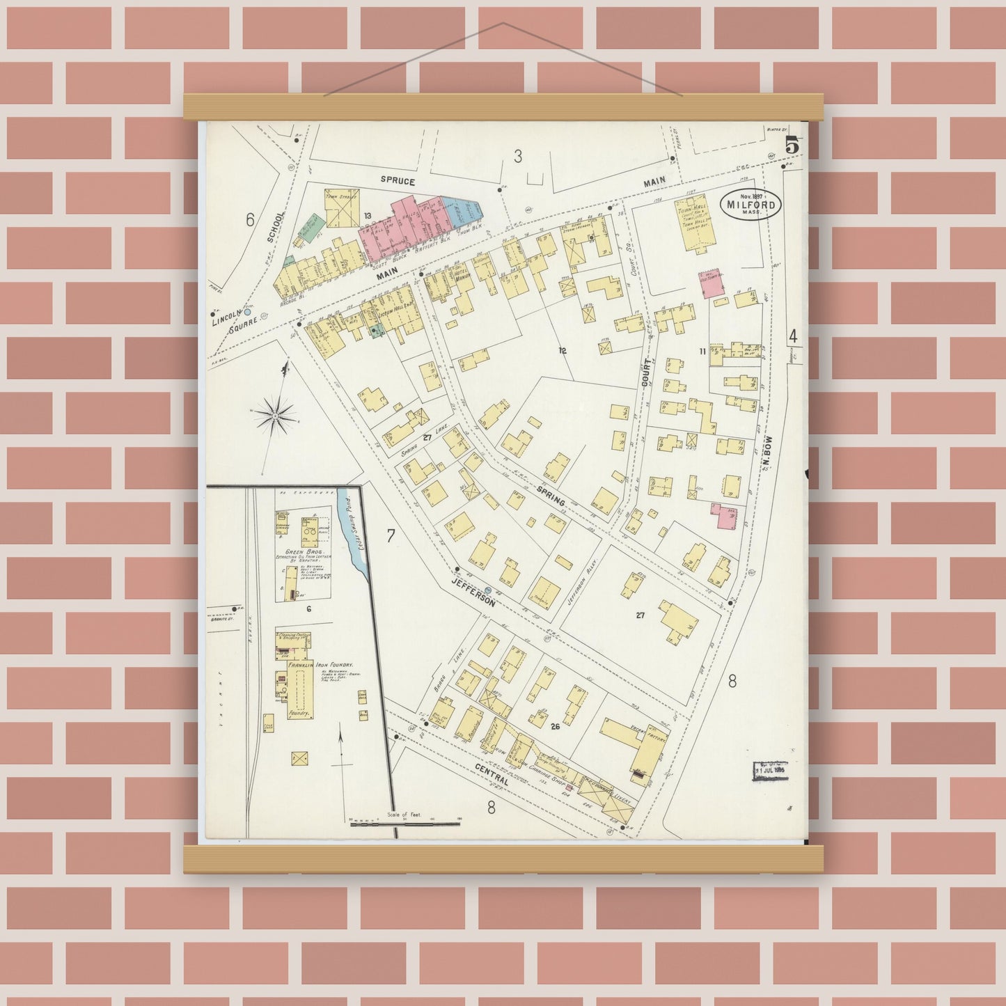 Old map wall art mockup — magnetic wood frame on brick wall — Sanborn Fire Insurance Map from Milford, Worcester County, Massachusetts (1897), Sheet #0005