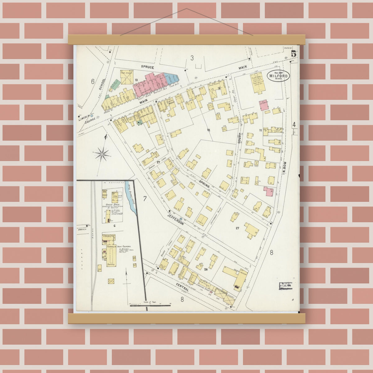 Old map wall art mockup — magnetic wood frame on brick wall — Sanborn Fire Insurance Map from Milford, Worcester County, Massachusetts (1897), Sheet #0005