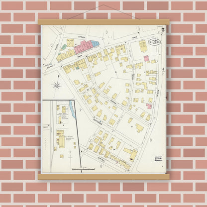 Old map wall art mockup — magnetic wood frame on brick wall — Sanborn Fire Insurance Map from Milford, Worcester County, Massachusetts (1897), Sheet #0005