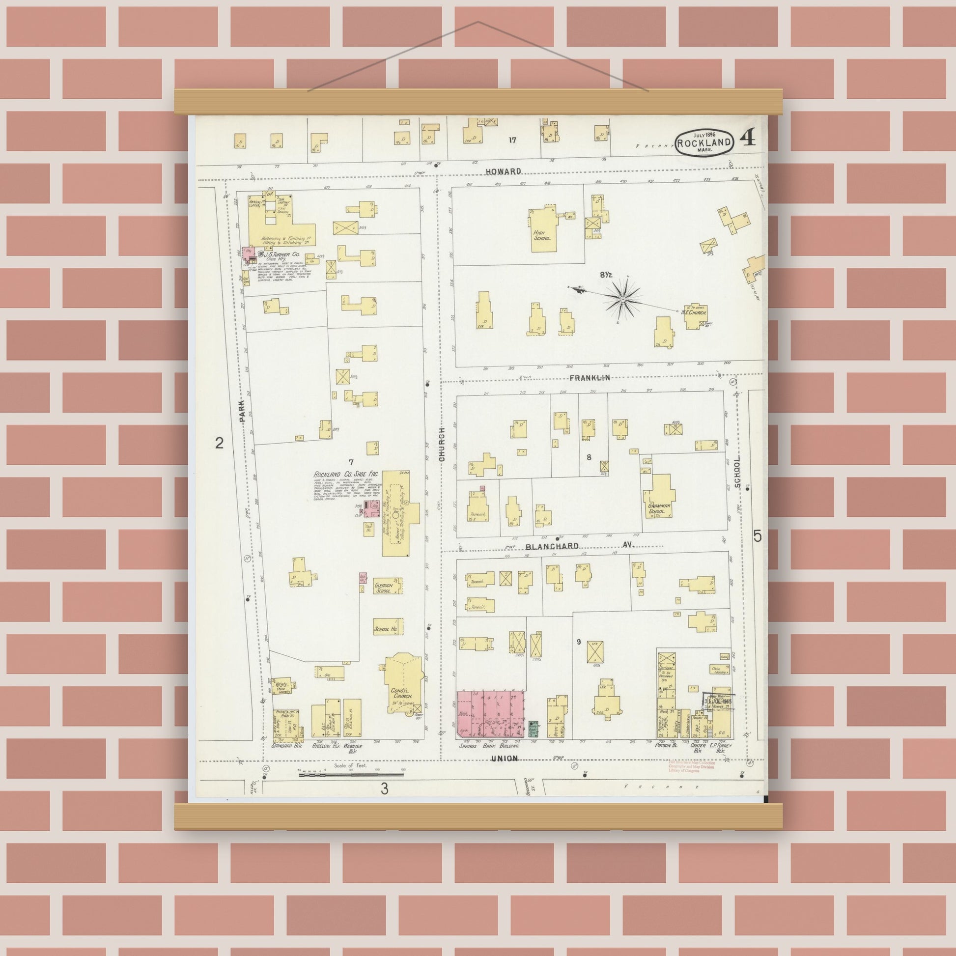 Old map wall art mockup — magnetic wood frame on brick wall — Sanborn Fire Insurance Map from Rockland, Plymouth County, Massachusetts (1896), Sheet #0004