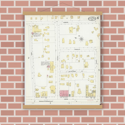 Old map wall art mockup — magnetic wood frame on brick wall — Sanborn Fire Insurance Map from Rockland, Plymouth County, Massachusetts (1896), Sheet #0004