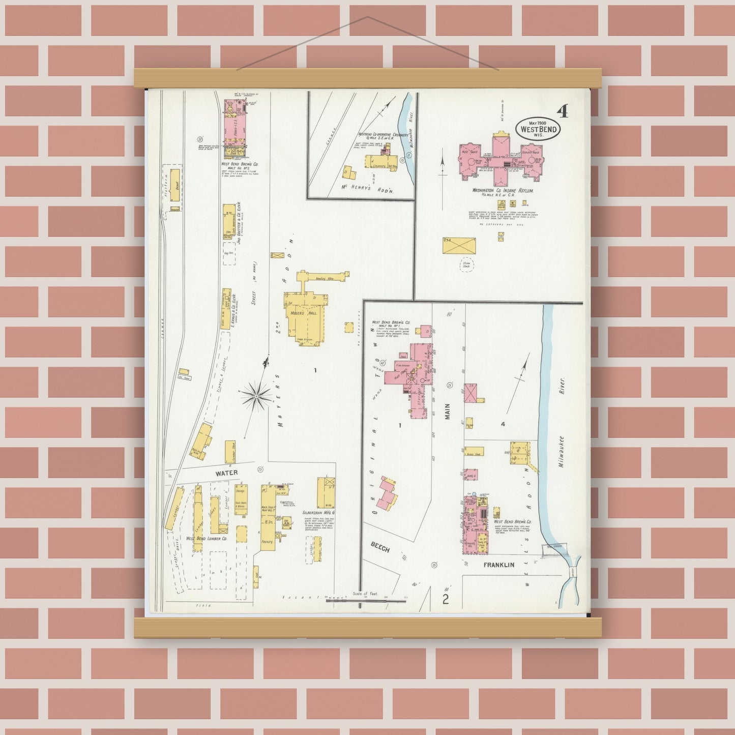 Old map wall art mockup — magnetic wood frame on brick wall — Sanborn Fire Insurance Map from West Bend, Washington County, Wisconsin (1900), Sheet #0004