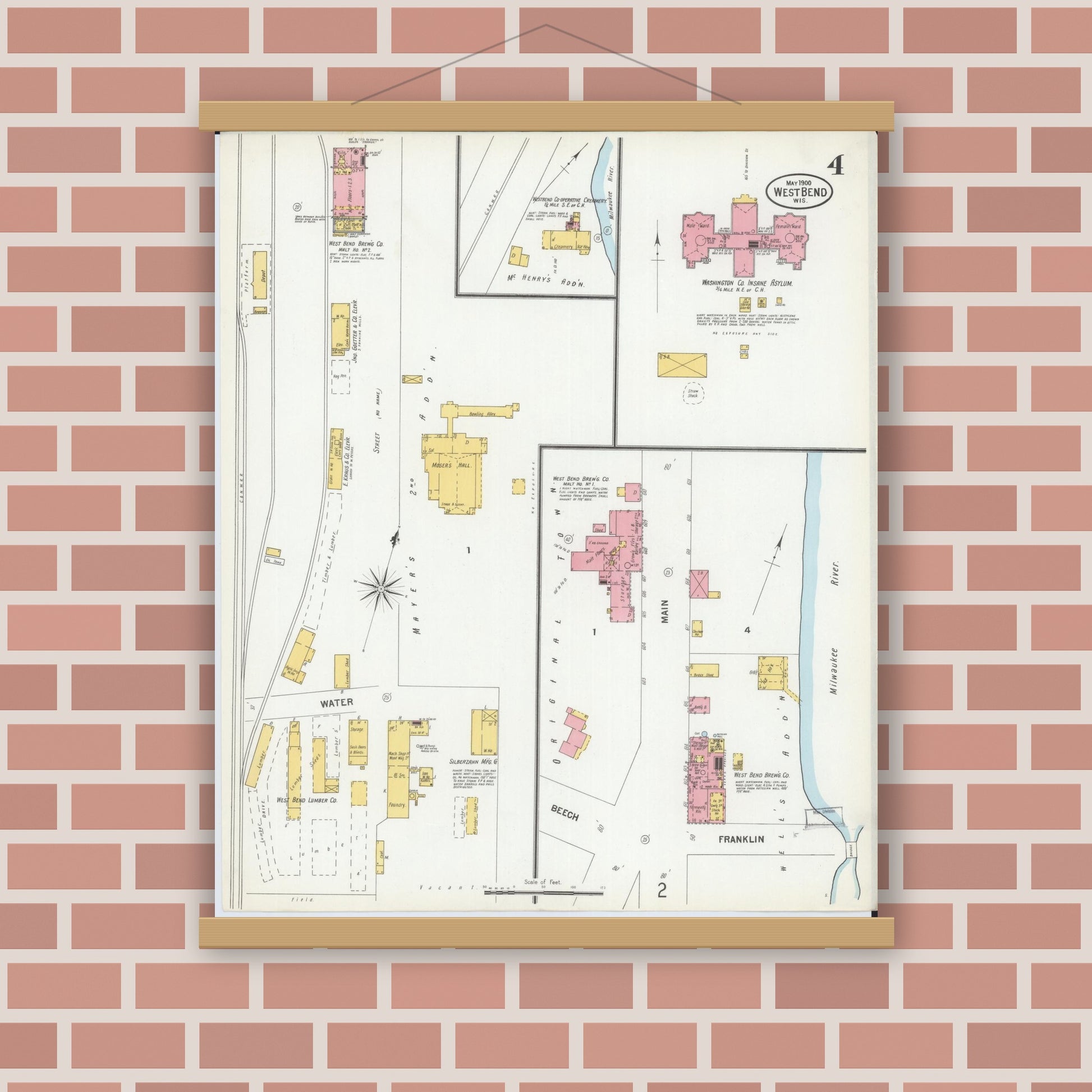Old map wall art mockup — magnetic wood frame on brick wall — Sanborn Fire Insurance Map from West Bend, Washington County, Wisconsin (1900), Sheet #0004