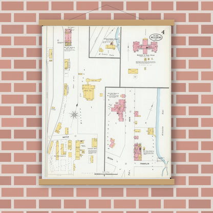 Old map wall art mockup — magnetic wood frame on brick wall — Sanborn Fire Insurance Map from West Bend, Washington County, Wisconsin (1900), Sheet #0004