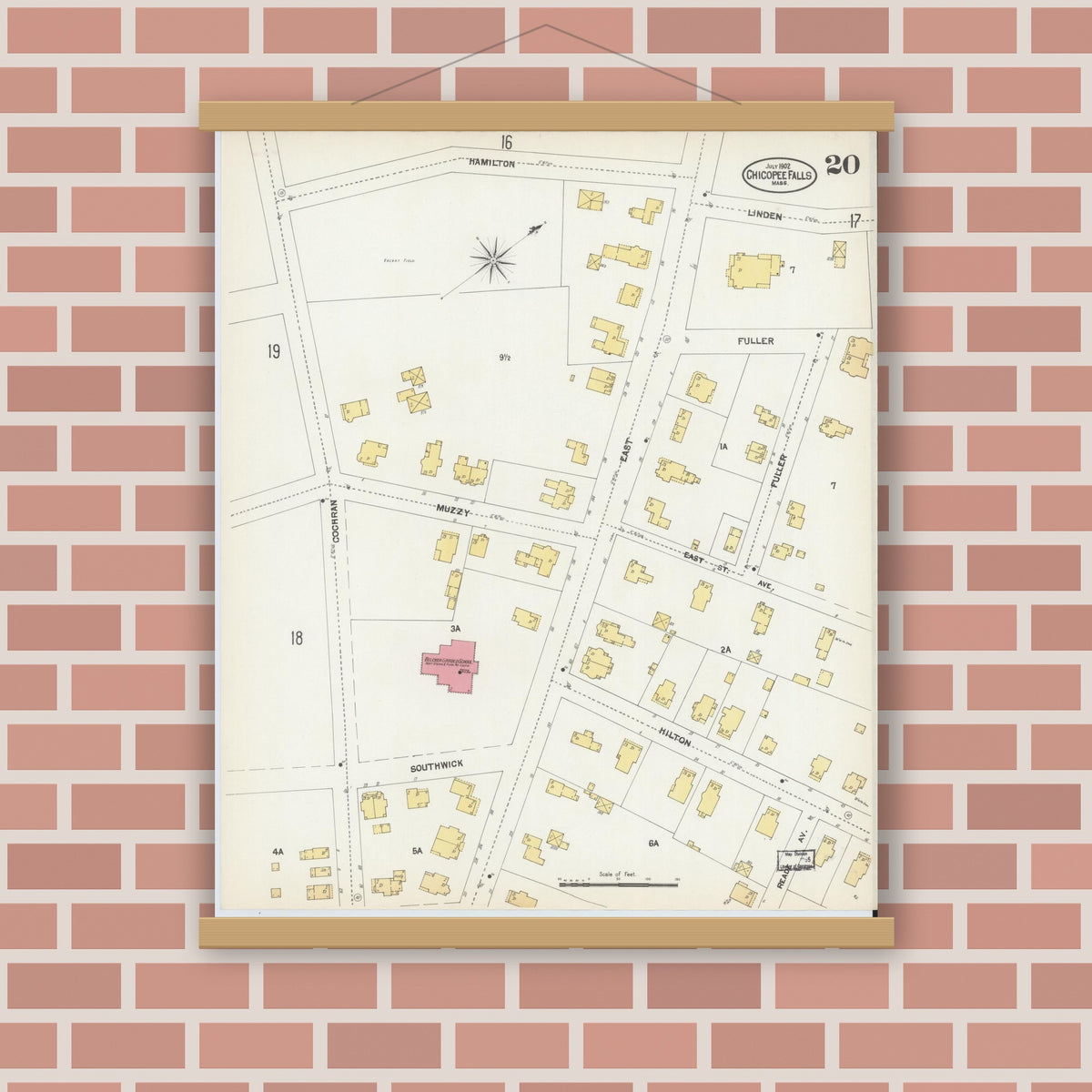 Old map wall art mockup — magnetic wood frame on brick wall — Sanborn Fire Insurance Map from Chicopee, Hampden County, Massachusetts (1902), Sheet #0020