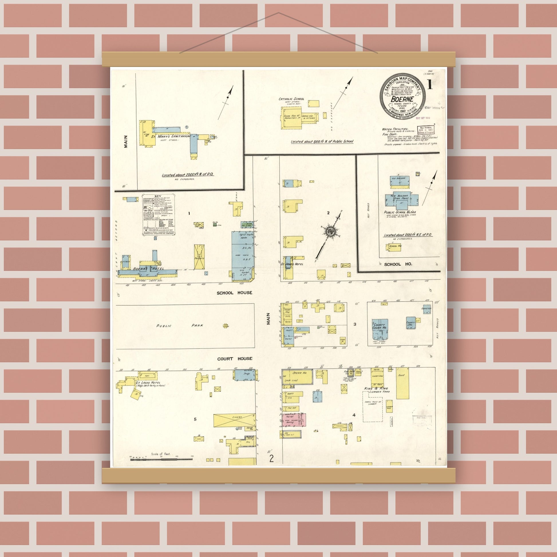 Old map wall art mockup — magnetic wood frame on brick wall — Sanborn Fire Insurance Map from Boerne, Kendall County, Texas (1910), Sheet #0001