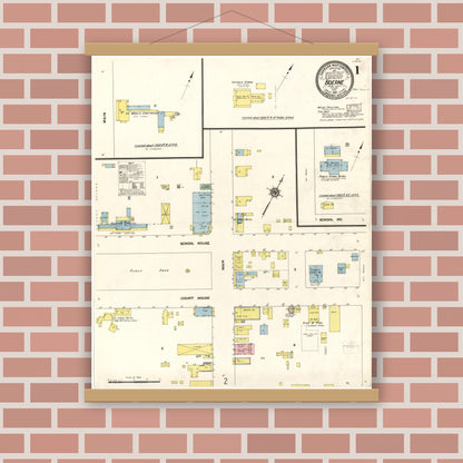 Old map wall art mockup — magnetic wood frame on brick wall — Sanborn Fire Insurance Map from Boerne, Kendall County, Texas (1910), Sheet #0001