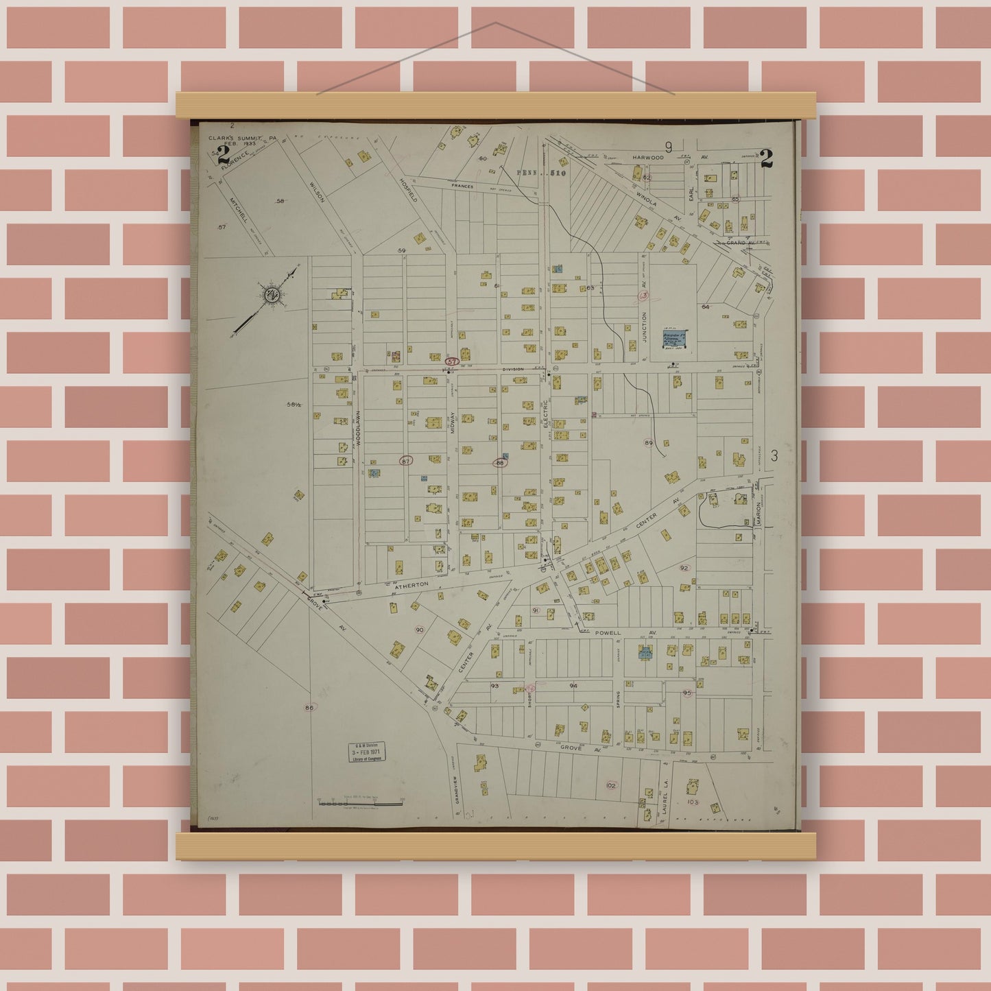Old map wall art mockup — magnetic wood frame on brick wall — Sanborn Fire Insurance Map from Clark's Summit, Lackawanna County, Pennsylvania (1942), Sheet #0002