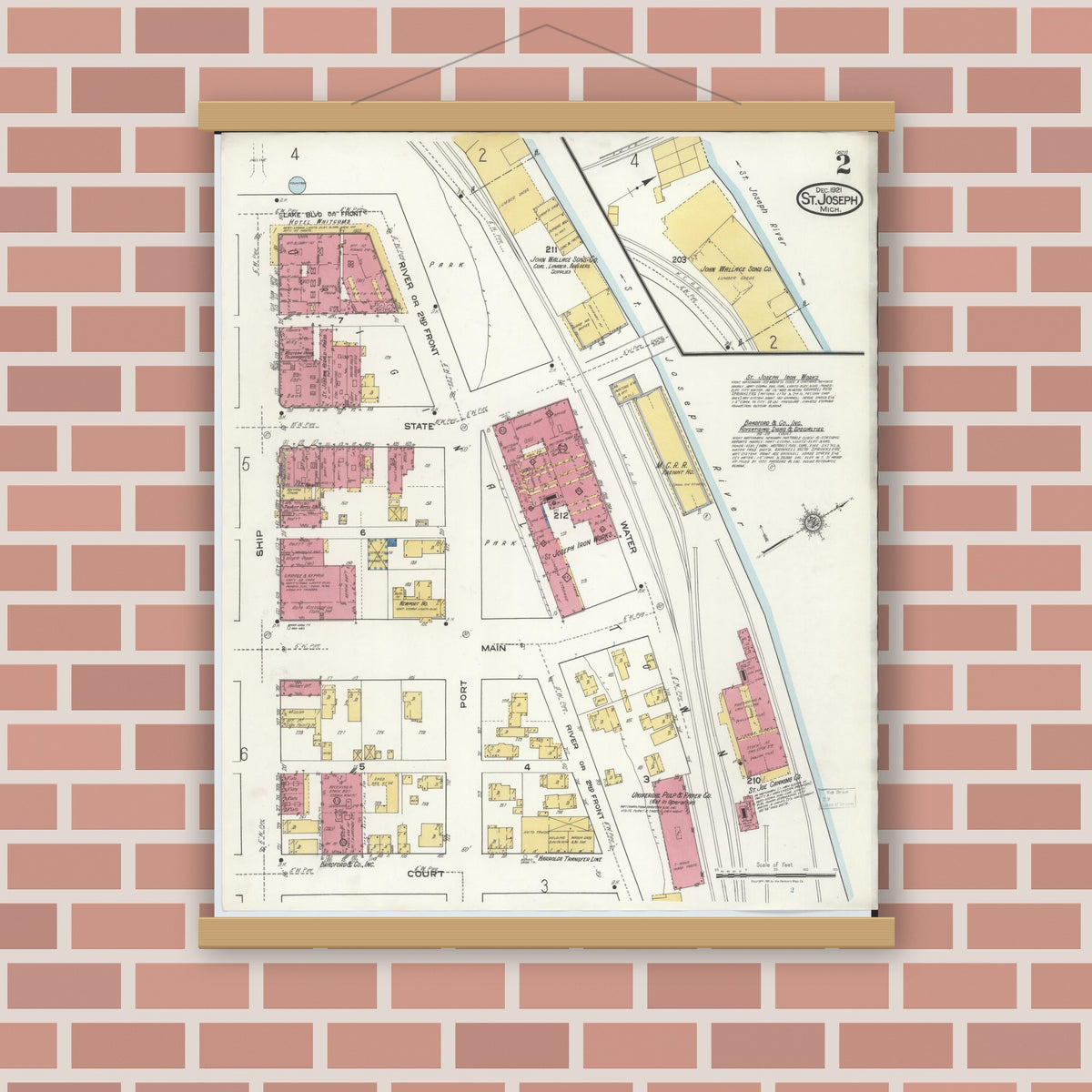 Old map wall art mockup — magnetic wood frame on brick wall — Sanborn Fire Insurance Map from Saint Joseph, Berrien County, Michigan (1921), Sheet #0002