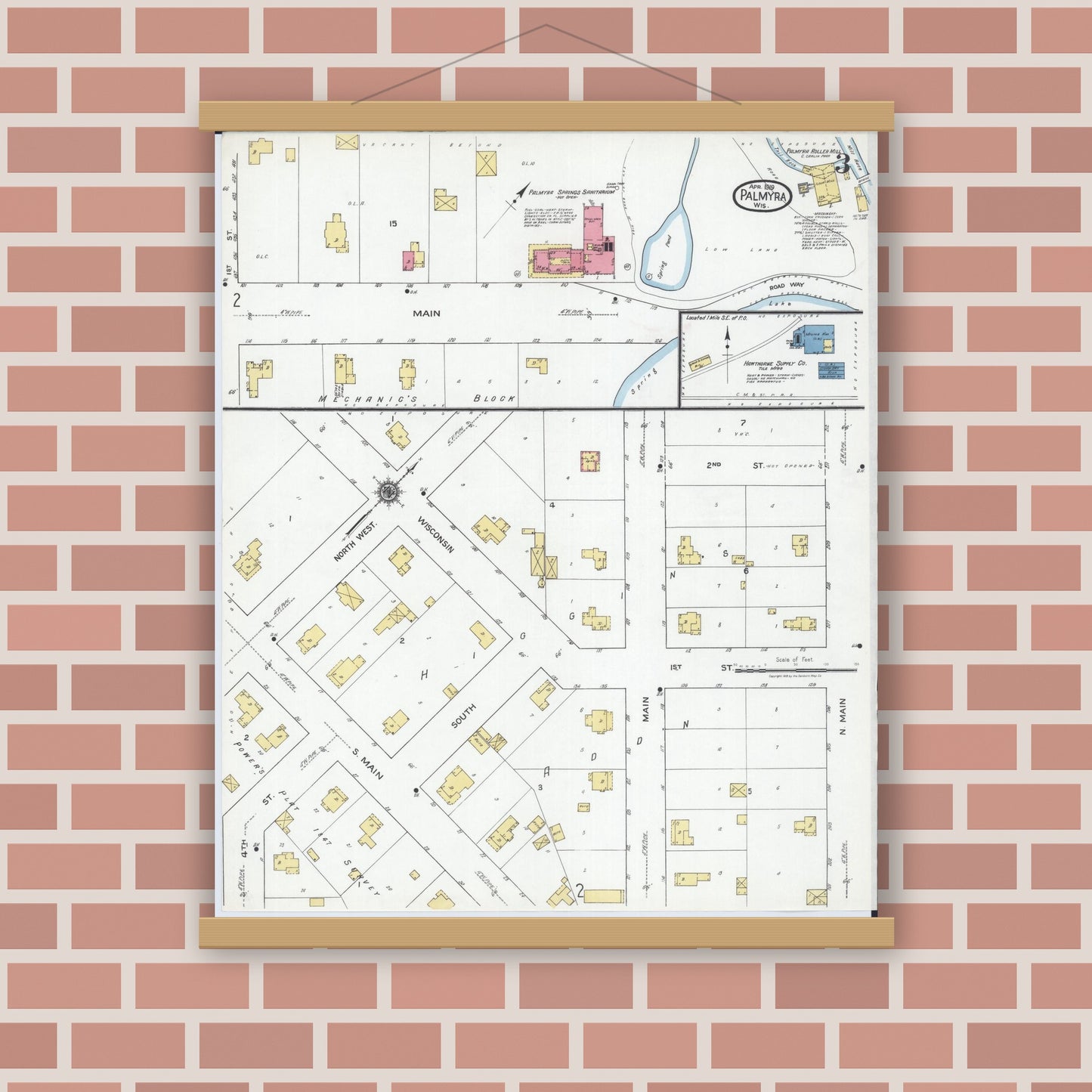 Old map wall art mockup — magnetic wood frame on brick wall — Sanborn Fire Insurance Map from Palmyra, Jefferson County, Wisconsin (1919), Sheet #0003