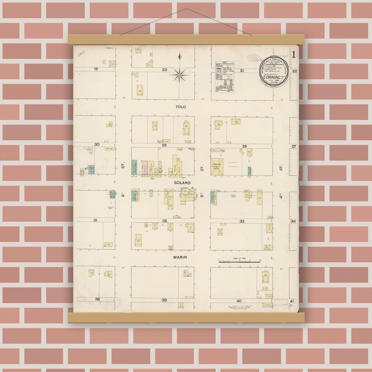 Old map wall art mockup — magnetic wood frame on brick wall — Sanborn Fire Insurance Map from Corning, Tehama County, California (1889) - Complete Map Set