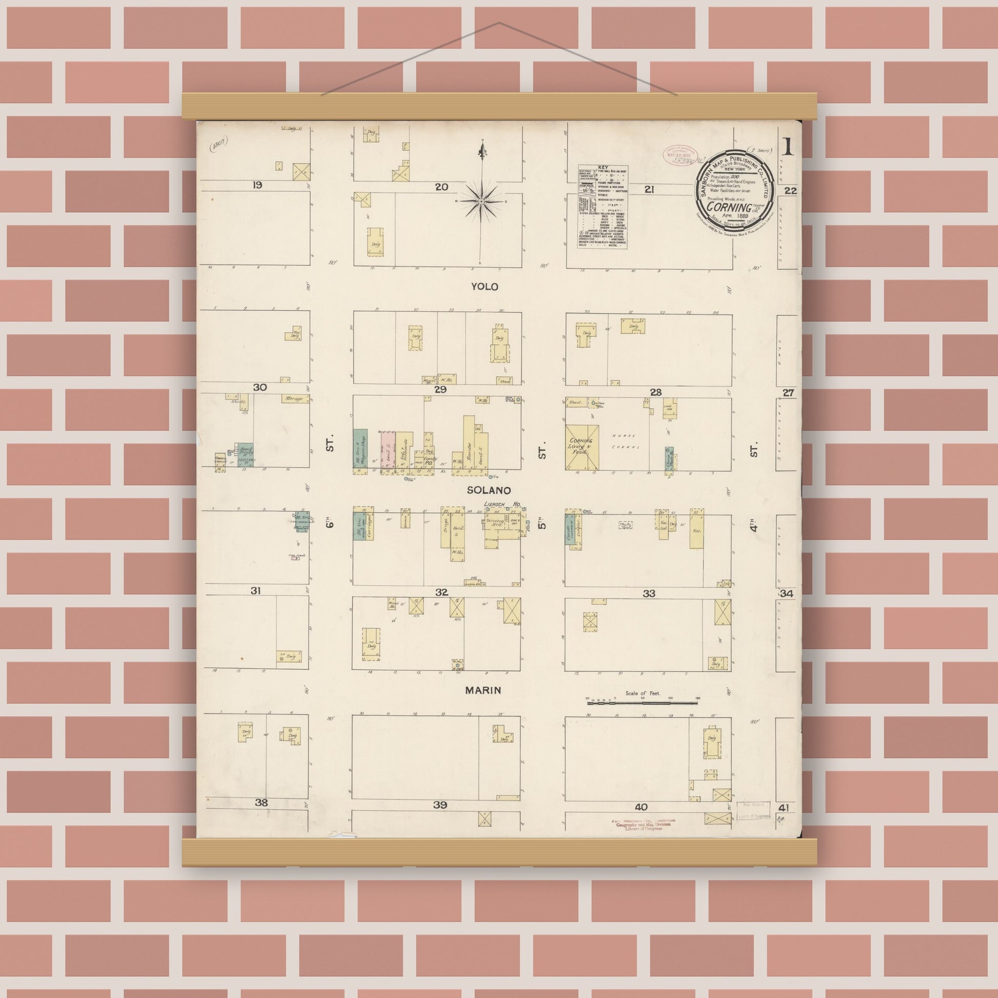 Old map wall art mockup — magnetic wood frame on brick wall — Sanborn Fire Insurance Map from Corning, Tehama County, California (1889) - Complete Map Set
