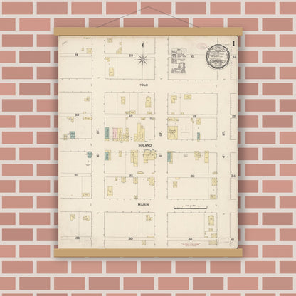 Old map wall art mockup — magnetic wood frame on brick wall — Sanborn Fire Insurance Map from Corning, Tehama County, California (1889) - Complete Map Set
